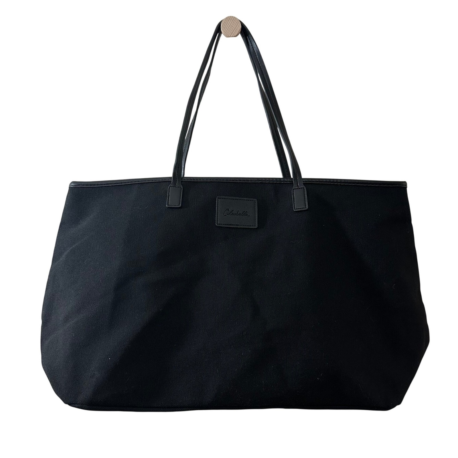 Cleobella Black Canvas Tote Bag Oversized Zippered Carryall Logo Patch Womens